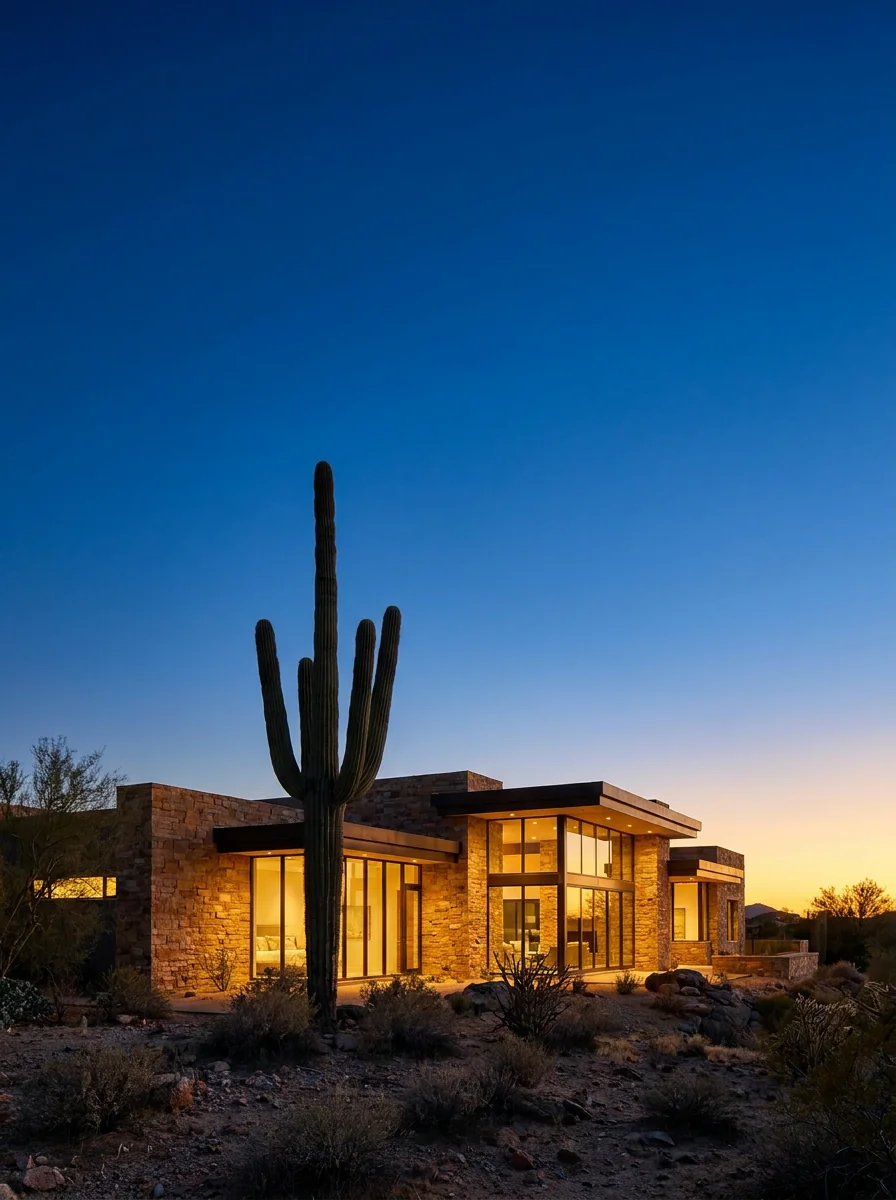 Modern desert residence at dusk
