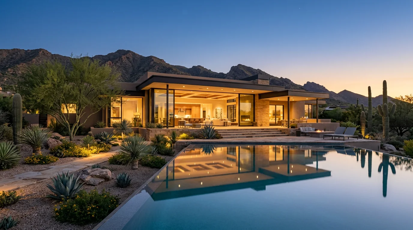Modern luxury desert home at dusk