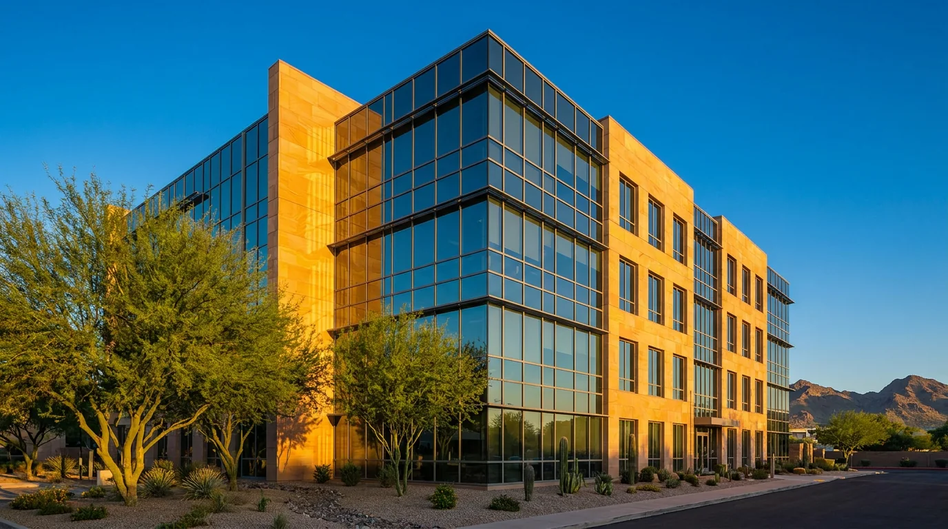 Contemporary glass office building in the desert at sunset