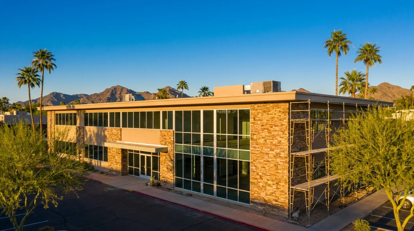 Modern glass office building at blue hour