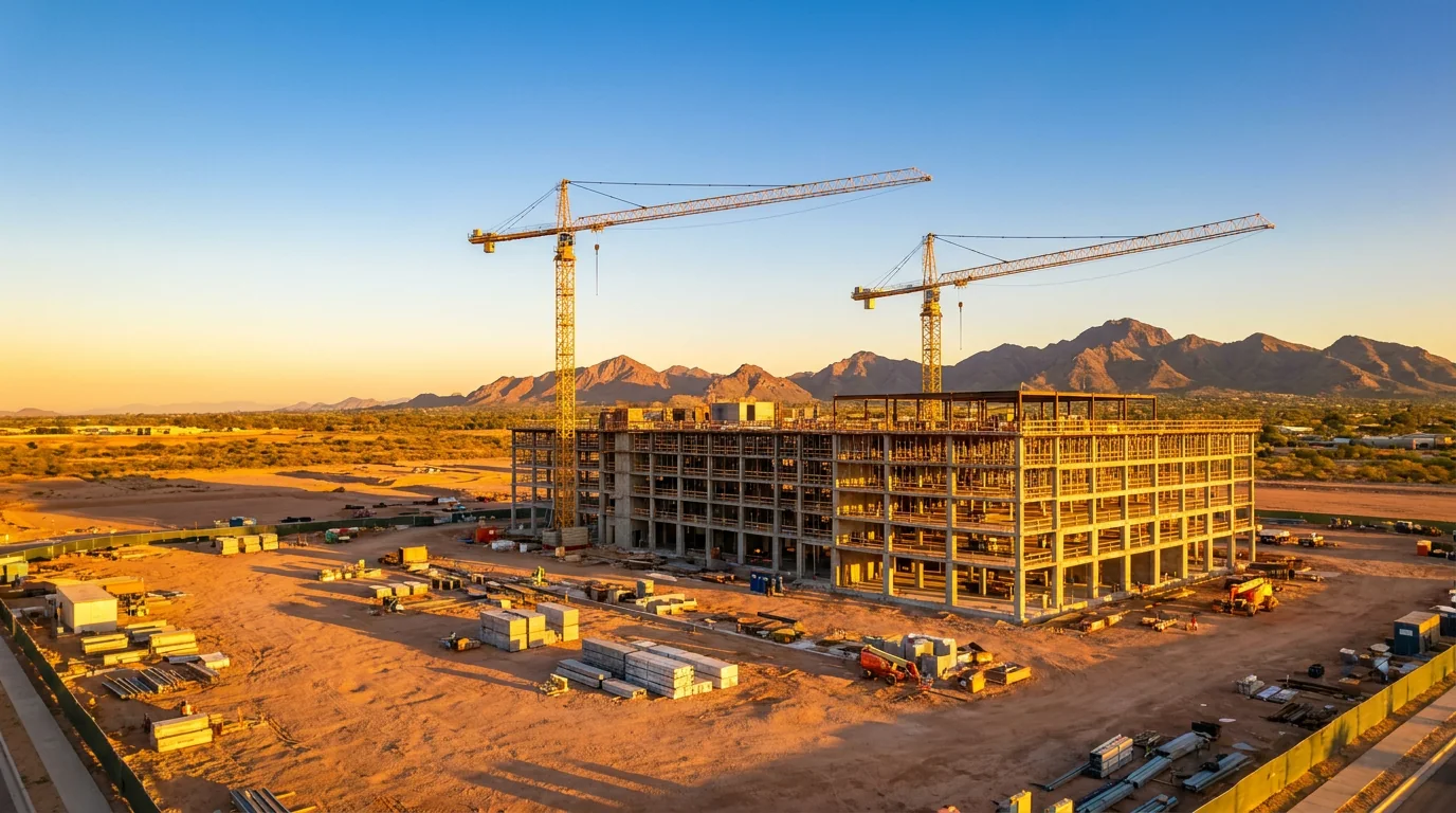 Commercial construction site with cranes at golden hour
